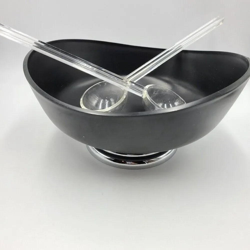 Vtg MCM Lacquerware Black Salad Bowl Plastic Silver Pedestal Base Spoon Fork